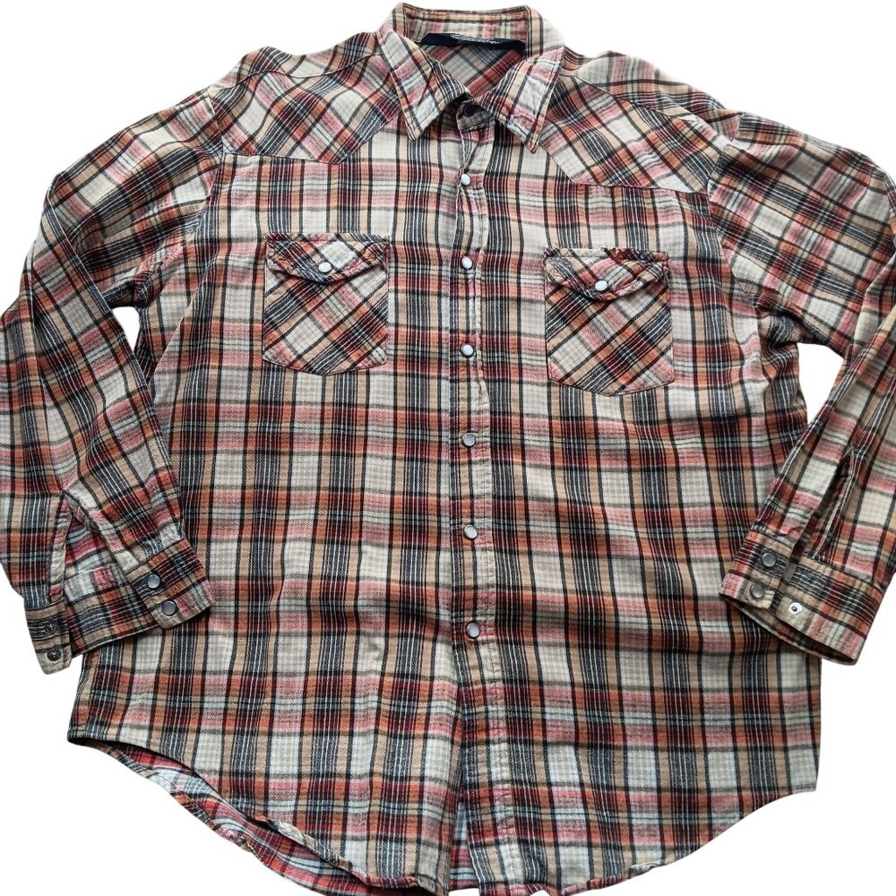 XL Vintage Flannel Western Shirt Men's 1980's Plaid Snap Lariat Hong Kong